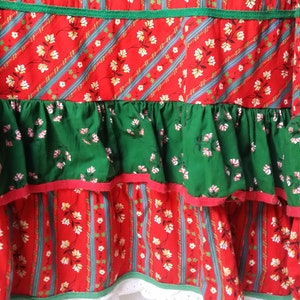 Vintage Skirt: Lovely Vintage 1970s Red, White and Green Floral Cotton and Lace Frilled Prairie Style Maxi Skirt