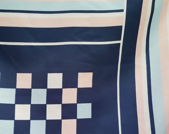 Ladies Scarf: Lovely Vintage 1960s / 1970s Retro Polyester Navy, White and Beige Geometric Pattern Square Scarf