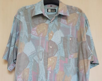 Vintage Men's Shirt: Fabulous Vintage Grey, Blue and Orange Abstract Print Silk Mens Shirt by Henry Moriff