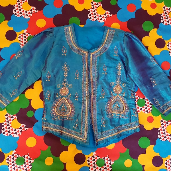 Lovely Vintage 1980s Indian Aqua / Turquoise / Peacock Blue Sequin and Embroidered Jacket