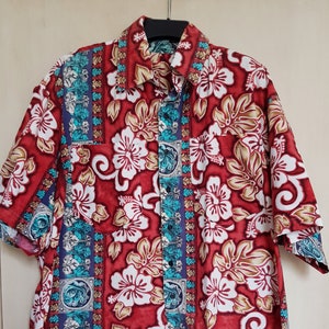 Vintage Men&#39;s Shirt: Amazing Vintage Red, White, Aqua and Blue Flower Power Tropical Print Mens Cotton Hawaiian Shirt