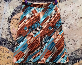 Vintage Skirt: Fabulous Vintage 1970s Brown Orange and Aqua Blue Abstract Geometric Pattern Flared A Line Mini Skirt