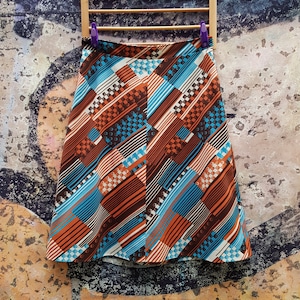 Vintage Skirt: Fabulous Vintage 1970s Brown Orange and Aqua Blue Abstract Geometric Pattern Flared A Line Mini Skirt