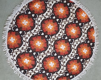 Vintage Tablecloth: Funky Vintage 1970s Brown Orange and White Flower Power Round Tablecloth