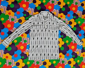 Vintage Men's Shirt: Groovy Vintage 1970s Black and White Abstract Pattern Men's Disco Shirt