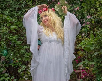 Stunning Iconic Vintage 1970s White Maxi Dress /Wedding Dress with AMAZING Flared Angel Sleeves by Quad