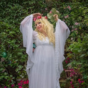 Stunning Iconic Vintage 1970s White Maxi Dress /Wedding Dress with AMAZING Flared Angel Sleeves by Quad