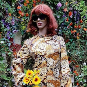 Vintage Kaftan: Stunning Vintage 1960s/70s Pure Silk Brown Cream Yellow Paisley Zip Front Kaftan Style High Neck Maxi Dress Flared Sleeves