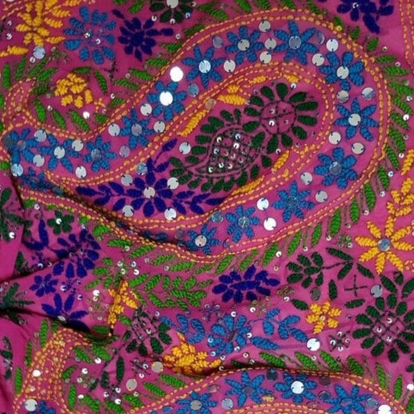 Vintage Shawl: Really Stunning Vintage Bright Pink Phulkari Floral & Paisley Embroidered and Sequin Chiffon Indian Shawl