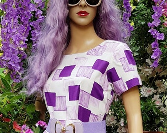 UK 12/14 (US 8/10) Fab Vintage 1950s Purple Lilac and White Abstract Geometric Pattern Cotton Mini Dress