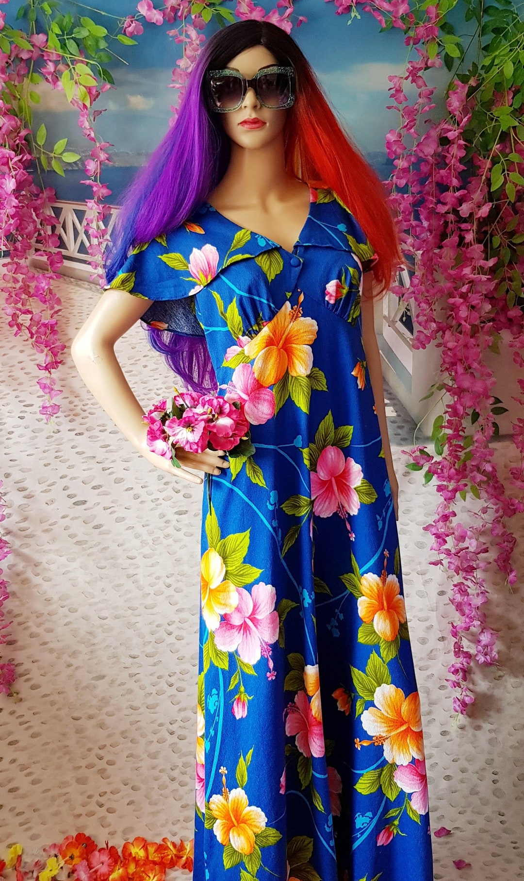 VINTAGE 60s 70s BLUE FLORAL DITSY ORANGE YELLOW GREEN SHEER MAXI DRESS 10 12 main image 1