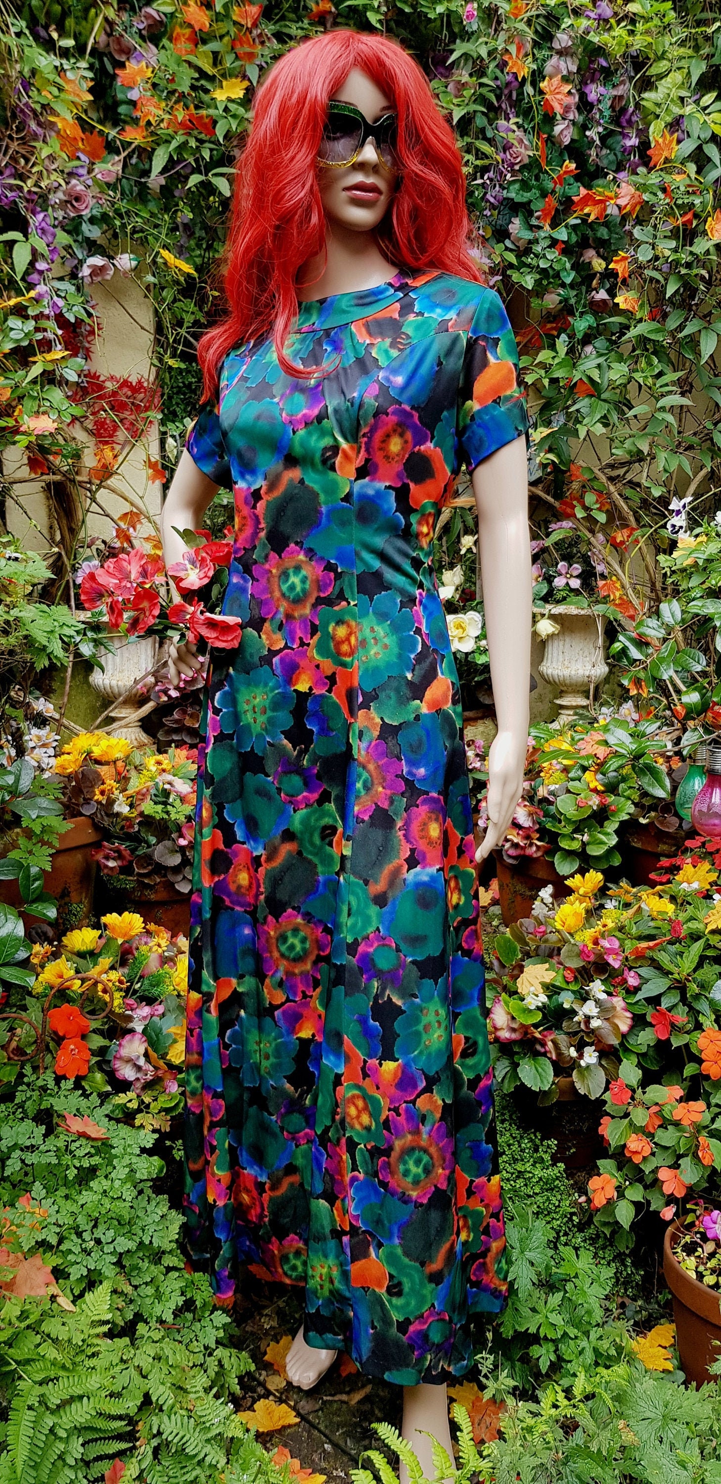 Image of Amazing Outragous Vintage S Psychedelic Multicoloured Floral Flower Power Short Sleeve Maxi Dress