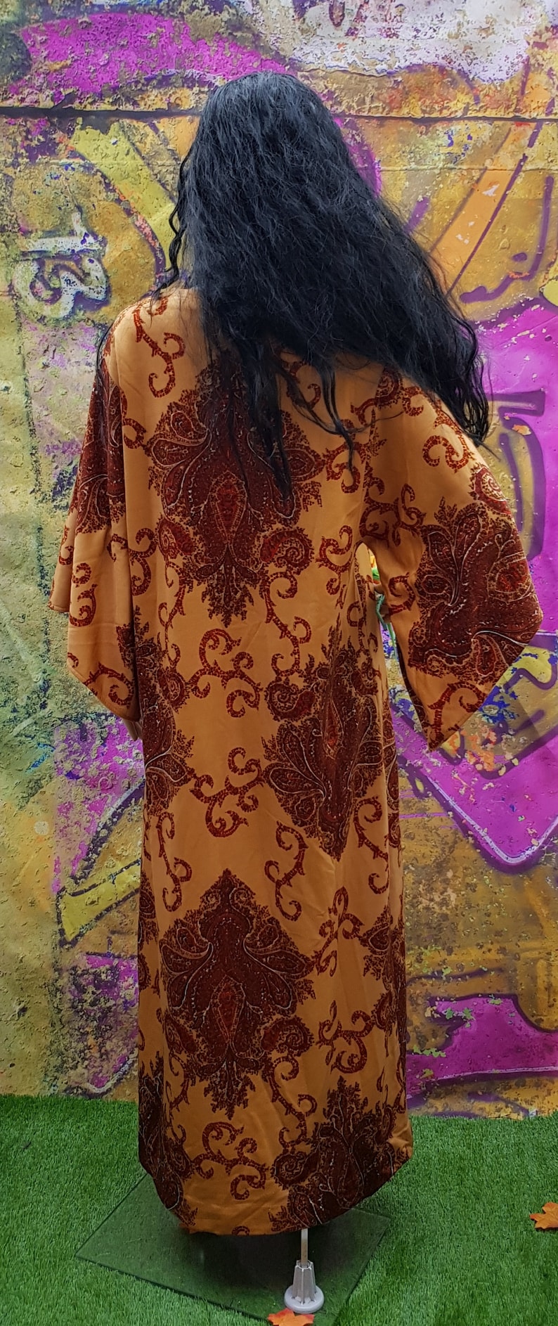 Vintage Kaftan: Fantastic 1960s / 1970s Cream Red Brown Paisley and Abstract Print Kaftan Maxi Dress with Flared Angel Sleeves By Arnel image 10