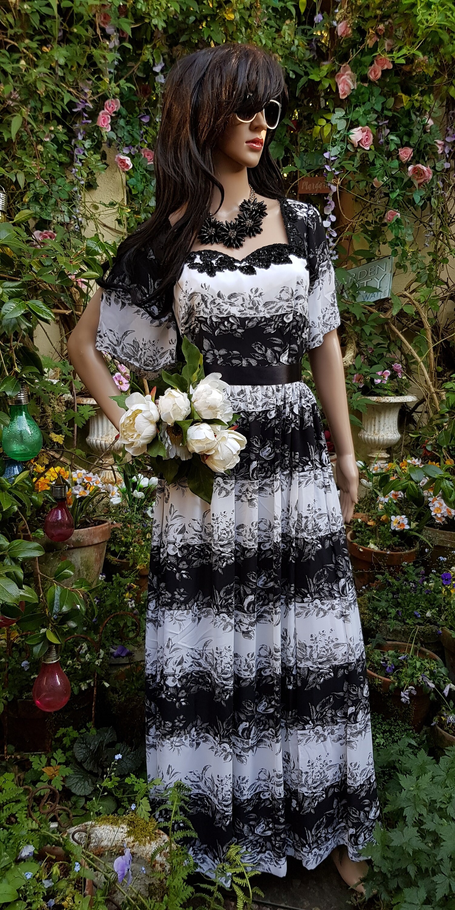 Image of Beautiful Vintage S Monochrome Black & White Floral Beaded Occassion Maxi Dress By Gosdew