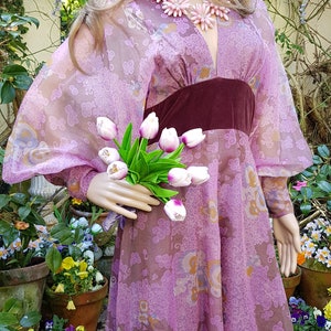 UK 8/10 US 4/6 Amazing Vintage 70's Quad Purple Iridescent Floral Organza and Velvet Maxi Dress with Balloon/Poet/Bishop Sleeves image 8