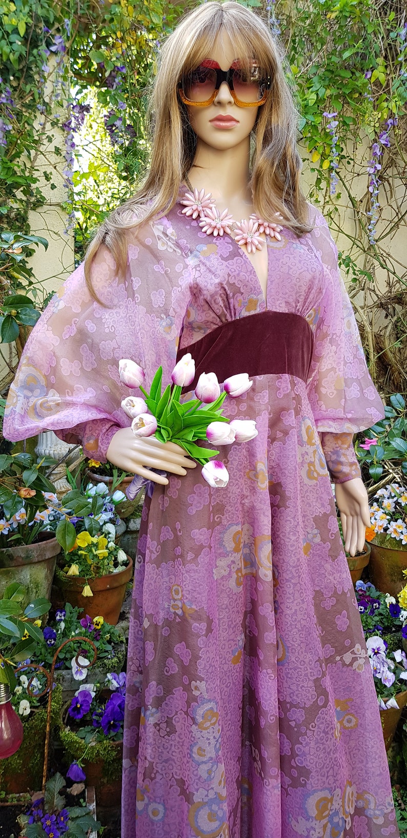 UK 8/10 US 4/6 Amazing Vintage 70's Quad Purple Iridescent Floral Organza and Velvet Maxi Dress with Balloon/Poet/Bishop Sleeves image 8