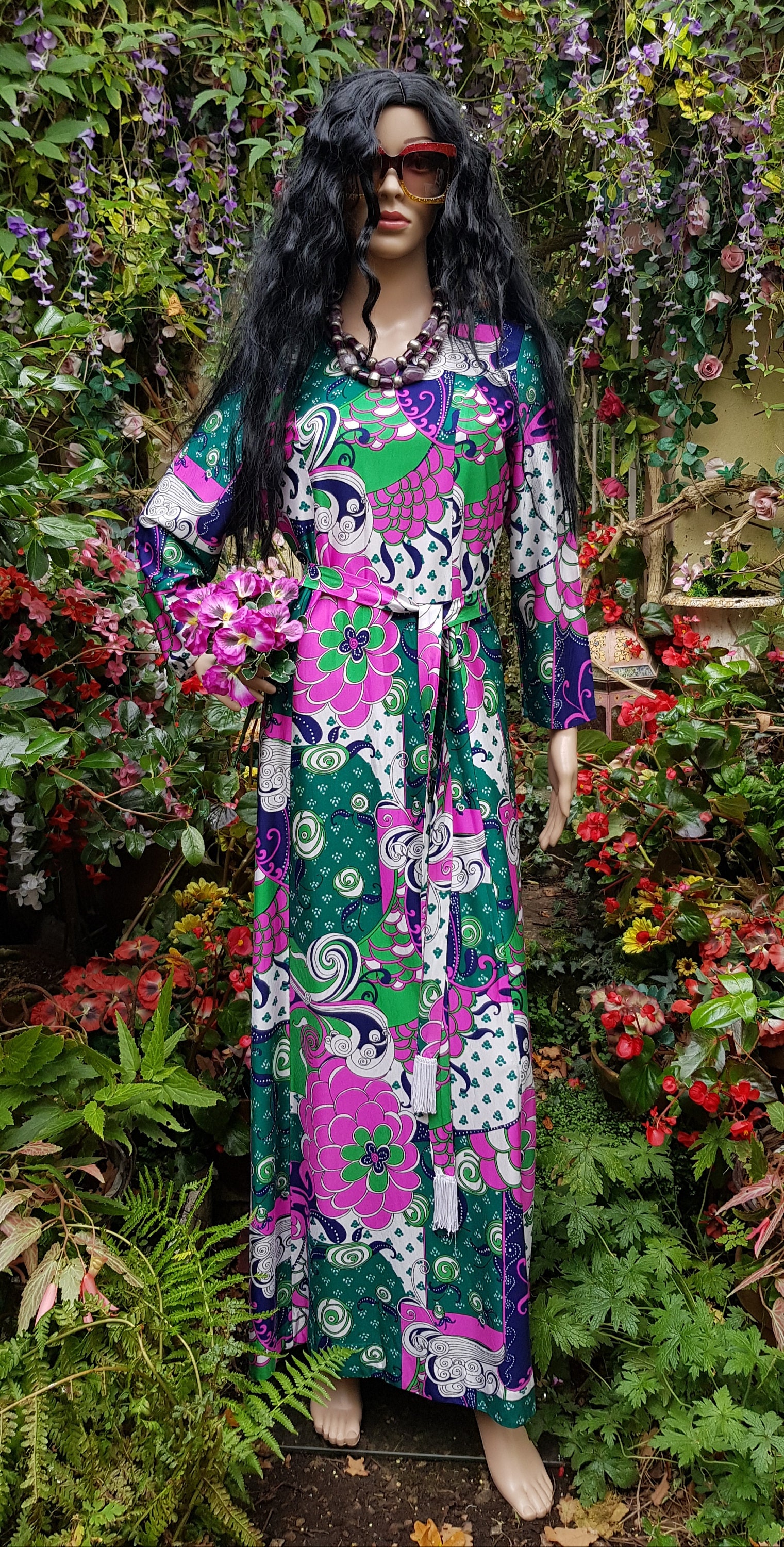 bell sleeve graduation dress Pink and Green Cotton Silk Dress main image 1