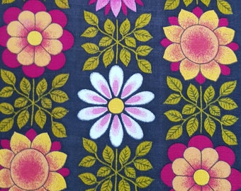 Vintage Curtain: Lovely Vintage 1970's Black Pink Orange Green Yellow & White Floral Flower Power Retro Curtain Fabric Panel/ Single Curtain