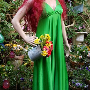 UK 6/8 US 2/4 Fantastic Vintage 1970s Bright Green Slinky Strappy Empire Line Maxi Sun Dress by QUAD image 3