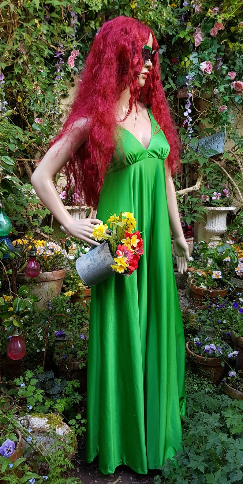 UK 6/8 US 2/4 Fantastic Vintage 1970s Bright Green Slinky Strappy Empire Line Maxi Sun Dress by QUAD image 3