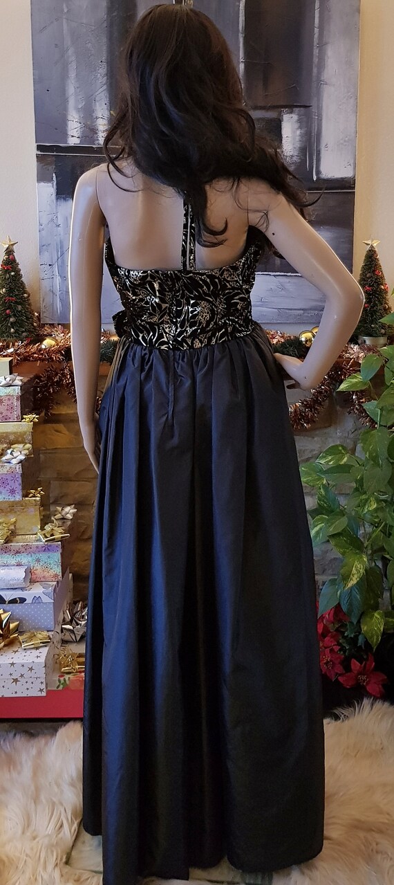 UK 10 (US 6) Beautiful Vintage 1980's Black & Gold Taffeta and Flock Occasion Evening Dress / Prom Dress by Ceremonia