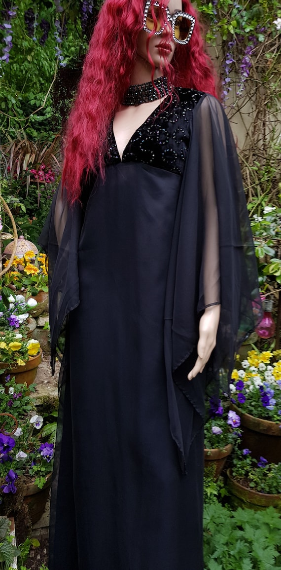 Superb Vintage 1970s Black Chiffon, Velvet and Seq