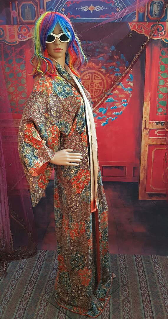 Vintage Kimono: Stunning Vintage 1970s Orange Blu… - image 8