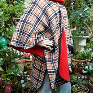 Vintage Cape: Gorgeous Vintage 1970s Brown Check Tartan Red Lined Reversible Poncho Cape Jacket image 5