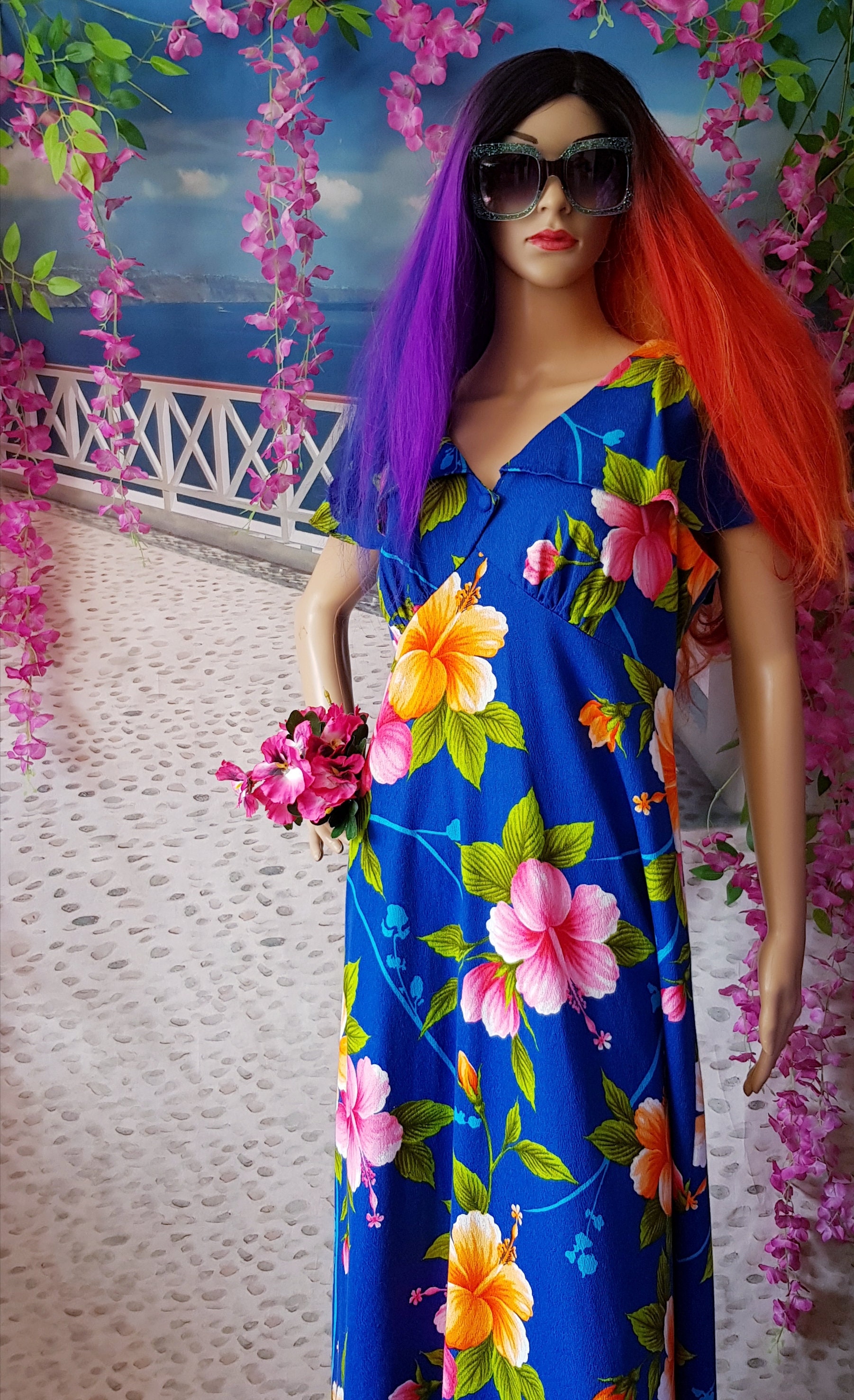 Robe Maxi Longue Vintage Imprimé Hawaïen Bleu - Marque Hukilau Fashions - Taille 10