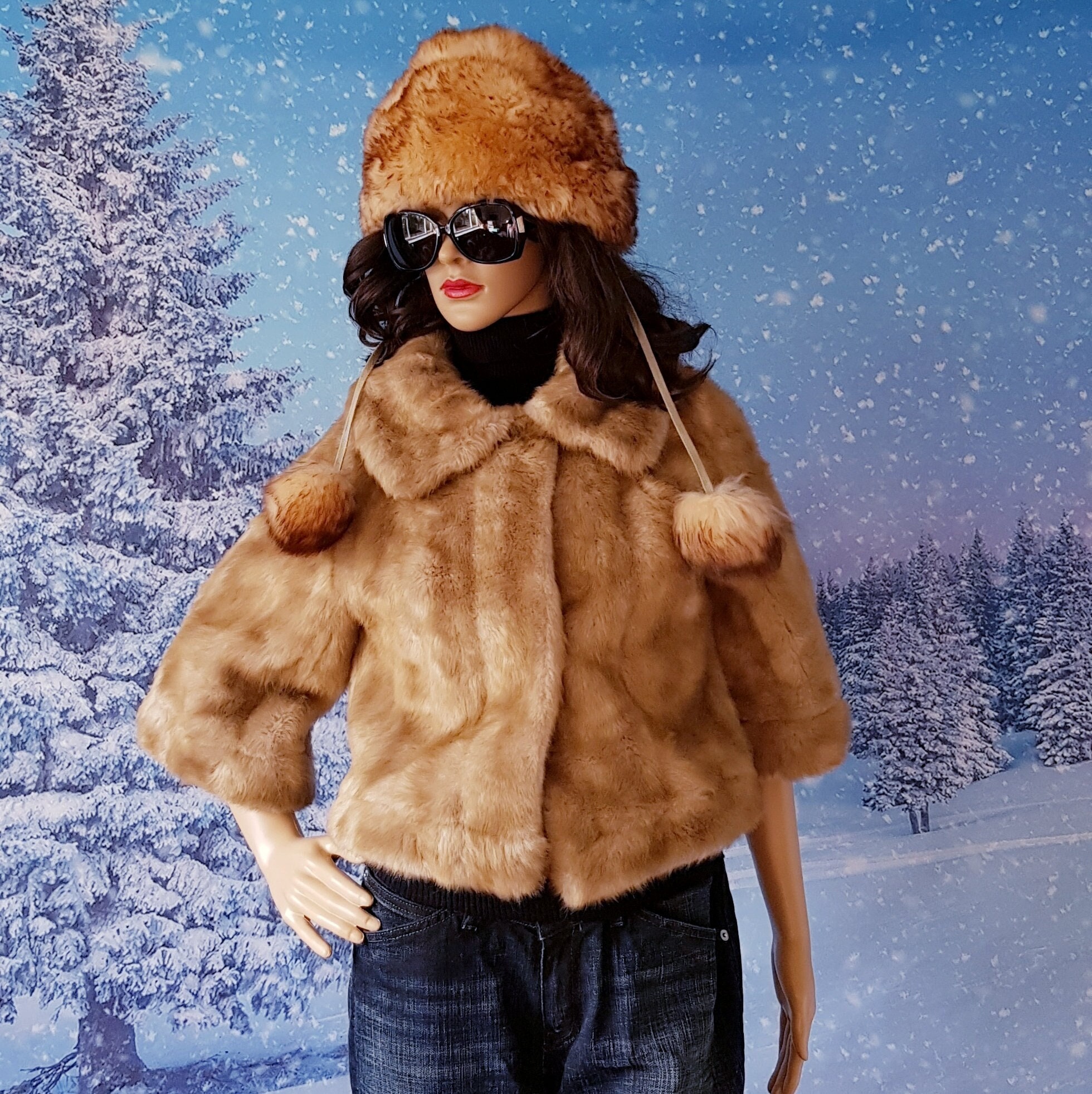Elegant vintage back shearling hat with tags never worn Black Fox Fur Ushanka Hat,oversized Full Fur Trapper Hat for  main image 4