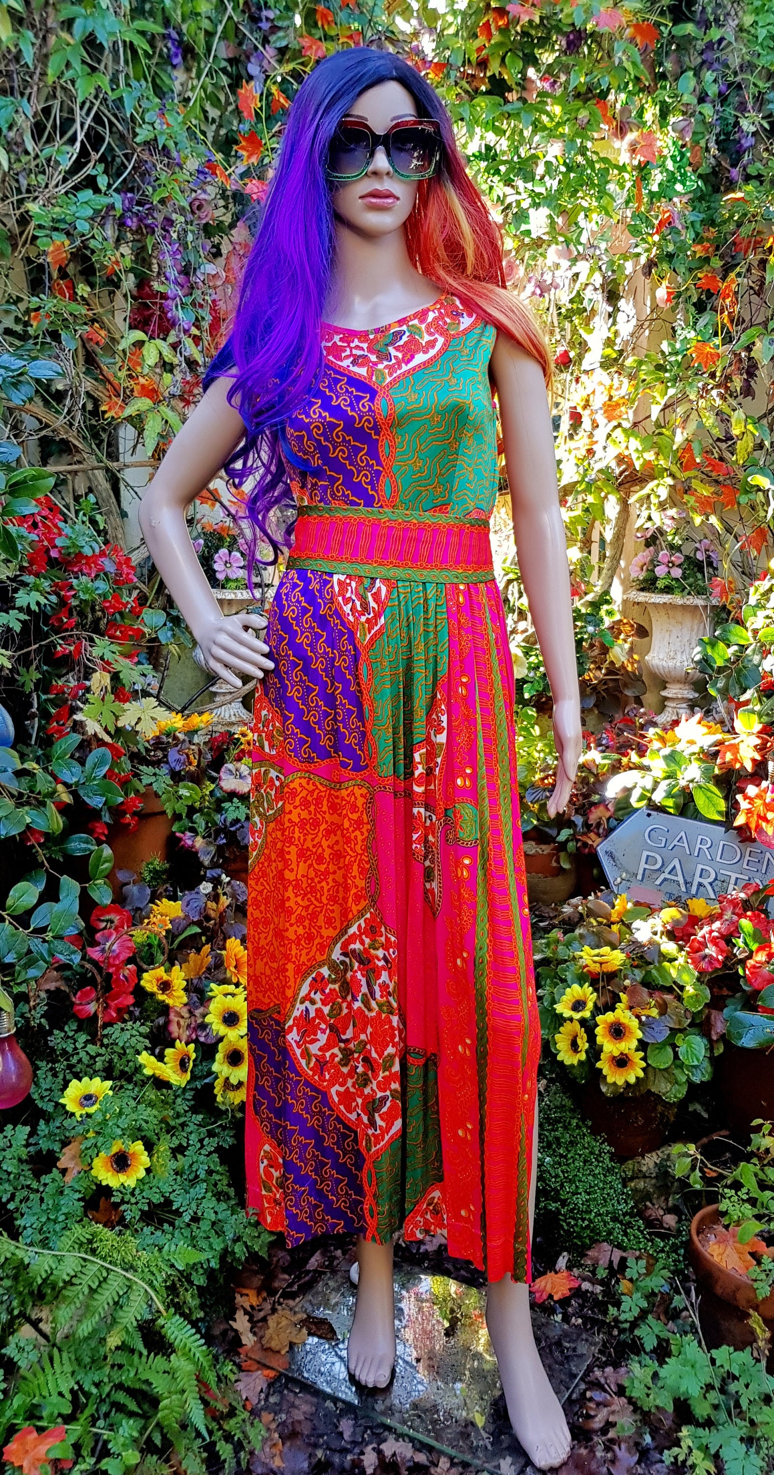 Image of Gorgeous Vintage S Susan Small Psychedelic Pink, Red & Green Sleeveless Maxi Dress With Sash Belt