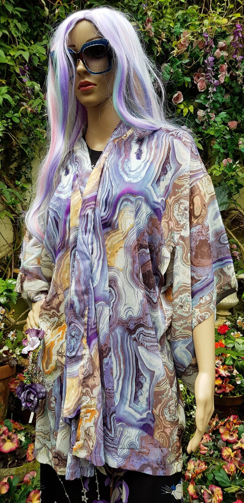 UK 10 US 6 Lovely Vintage Blue, Purple, Orange, Brown Sheer Chiffon Kimono Style Summer Jacket/Top image 2