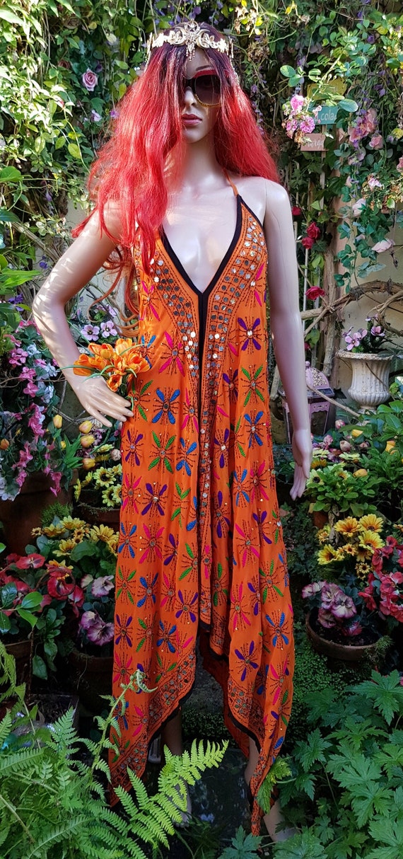 UK 10 (US 6) Gorgeous Vintage Orange Embroidered and Sequin Chiffon Boho Halterneck Dress Made from Recycled Indian Fabrics