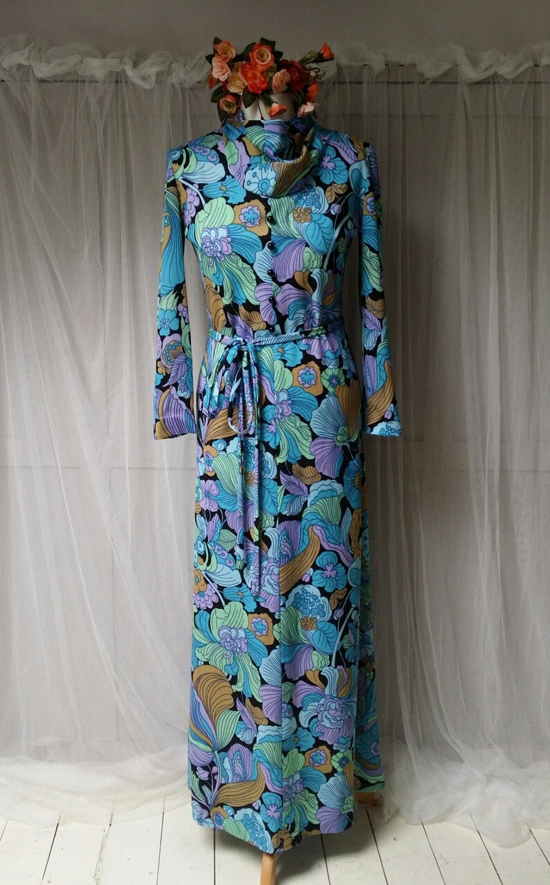 Striking Vintage 1970s Blue and Green Floral Belted Cowl Necked Maxi Dress 0363