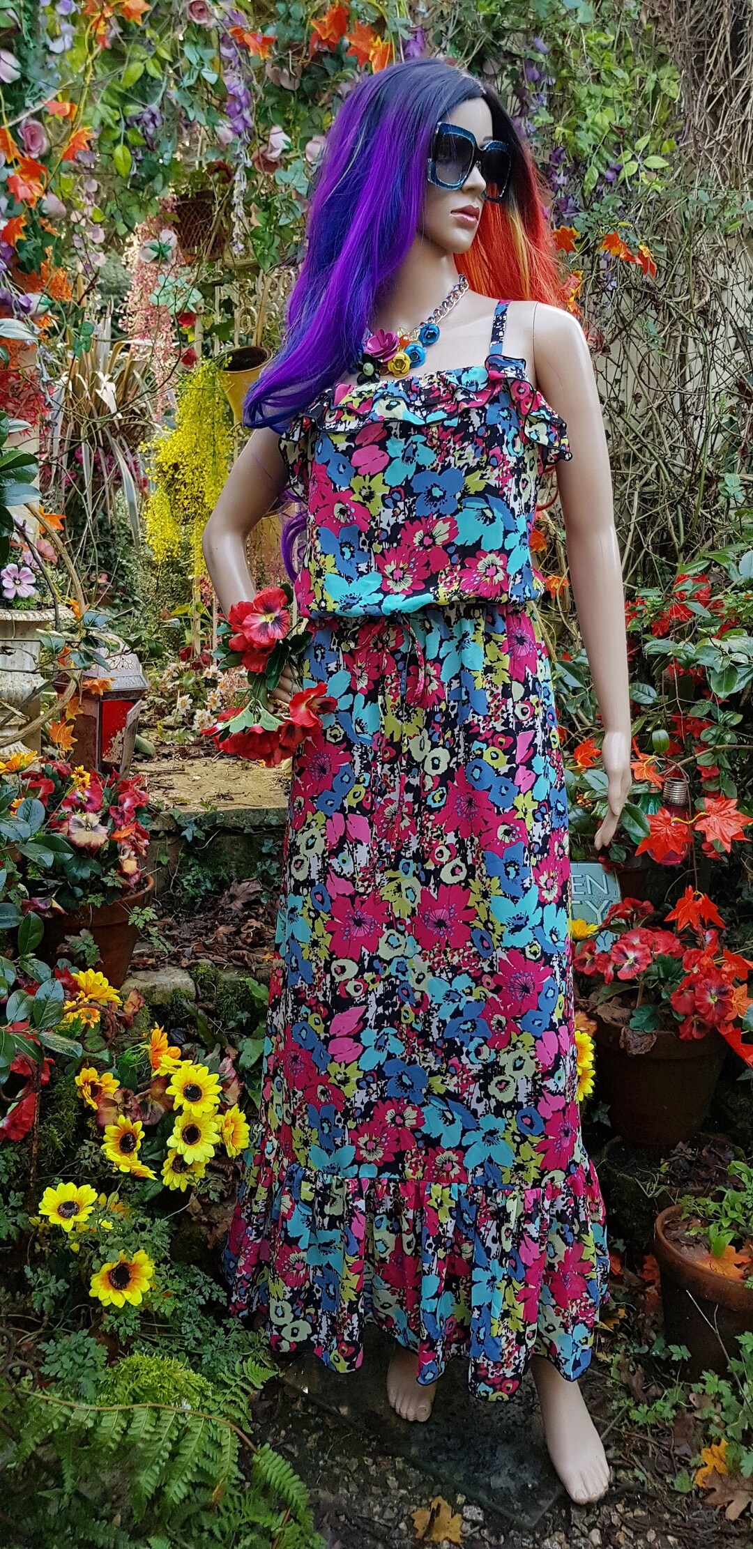 UK 12/14 (US 8/10) Mooie jaren 1970 stijl (jaar 2000) Floral Stretchy