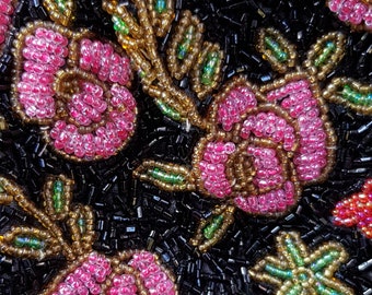 Vintage Bag: Beautiful Vintage Black and Pink Floral Beaded Evening Bag