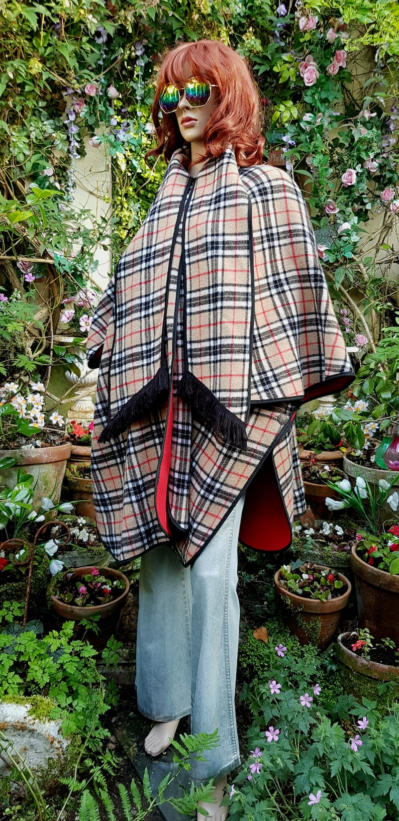 Vintage Cape: Gorgeous Vintage 1970s Brown Check Tartan Red Lined Reversible Poncho Cape Jacket image 9