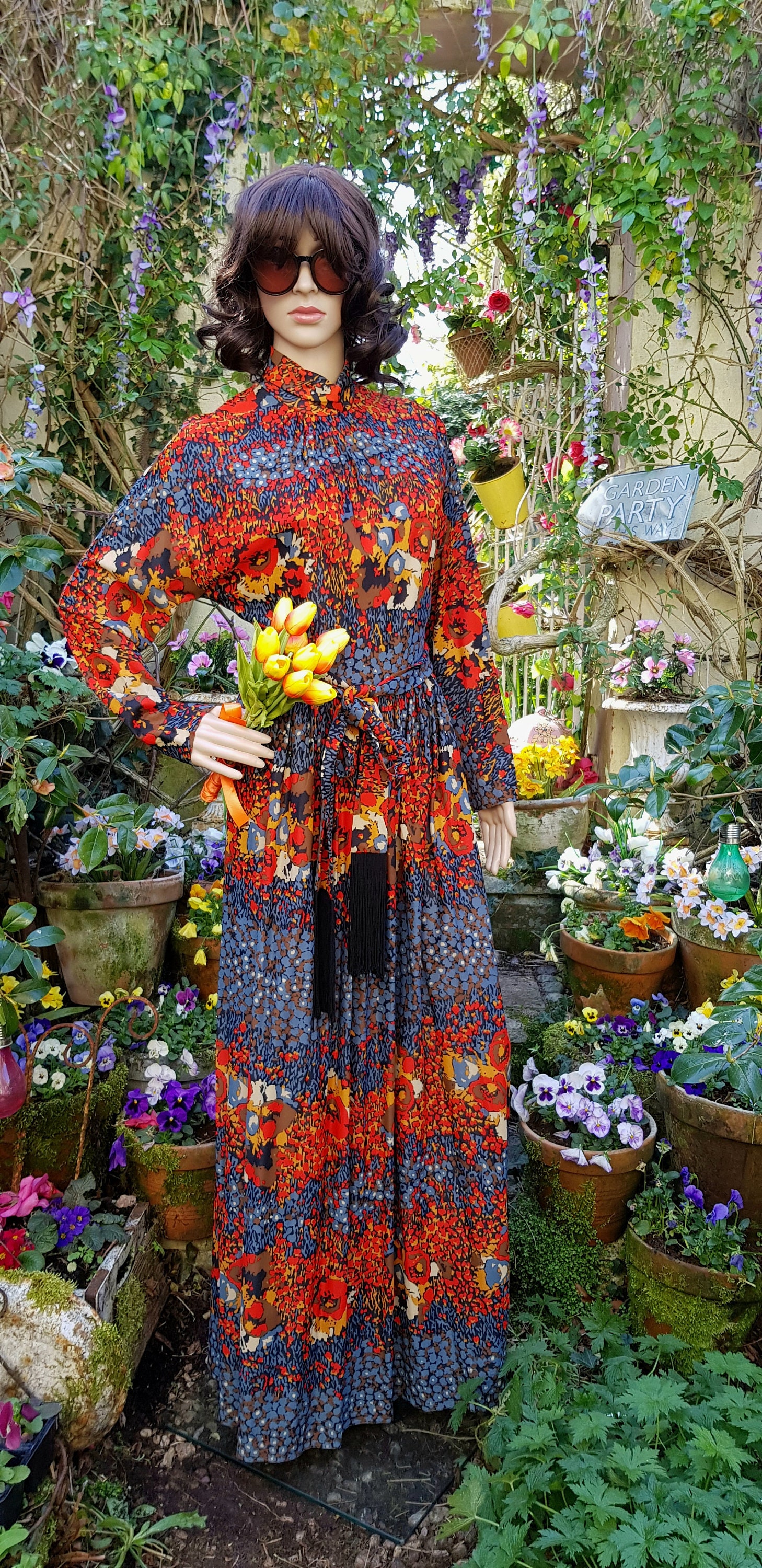 Image of Amazing Vintage S Berkertex Red, Orange, Saffron Yellow & Blue Abstract Floral Flower Power High Necked Maxi Dress Fringed Belt/Scarf