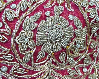 Vintage Shawl: Gorgeous Vintage Antique Silk Chiffon Red and Gold Embroidered and Beaded Large Dupatta Wedding Saree