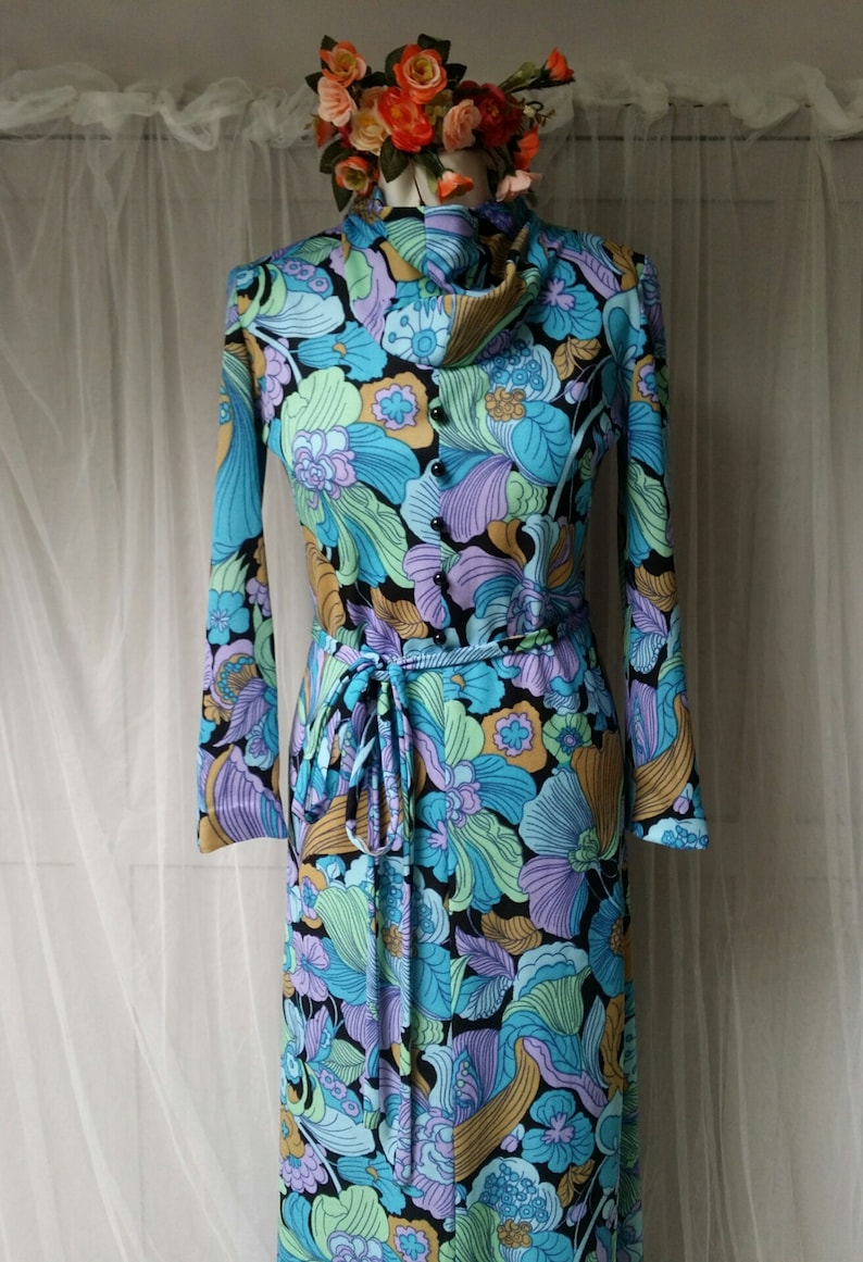 Striking Vintage 1970s Blue and Green Floral Belted Cowl Necked Maxi Dress 0363