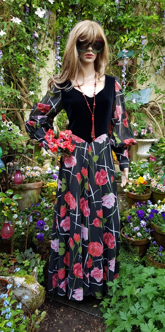 Beautiful Vintage 1970s Black and Red Floral Maxi