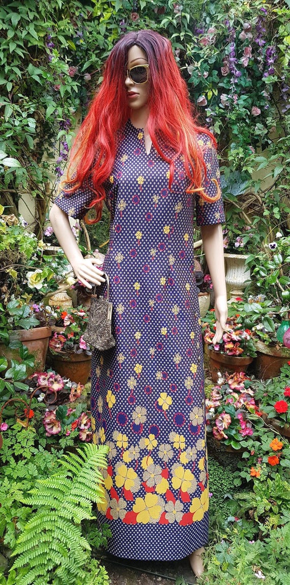 funky maxi dresses UK 14 (US 10) Funky Vintage 1970s Green and White Floral Flower Power Maxi Dress