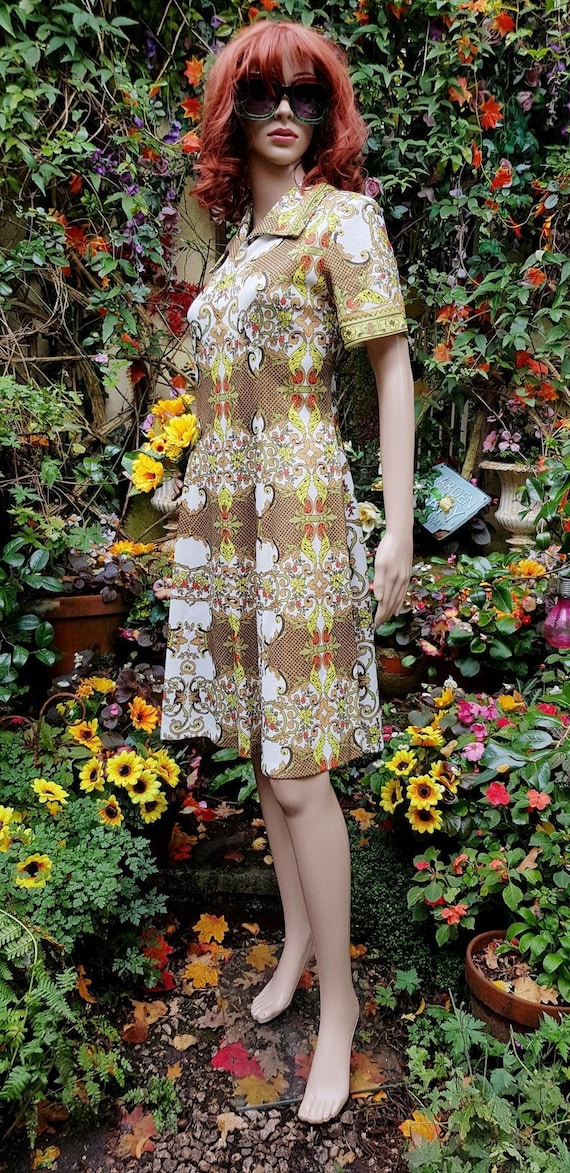 MijkrasBohemianBazar UK 12 US 8 Super Cute Vintage 1960s Lime Green White Orange and Mustard Yellow Abstract Pattern Midi Mini Dress