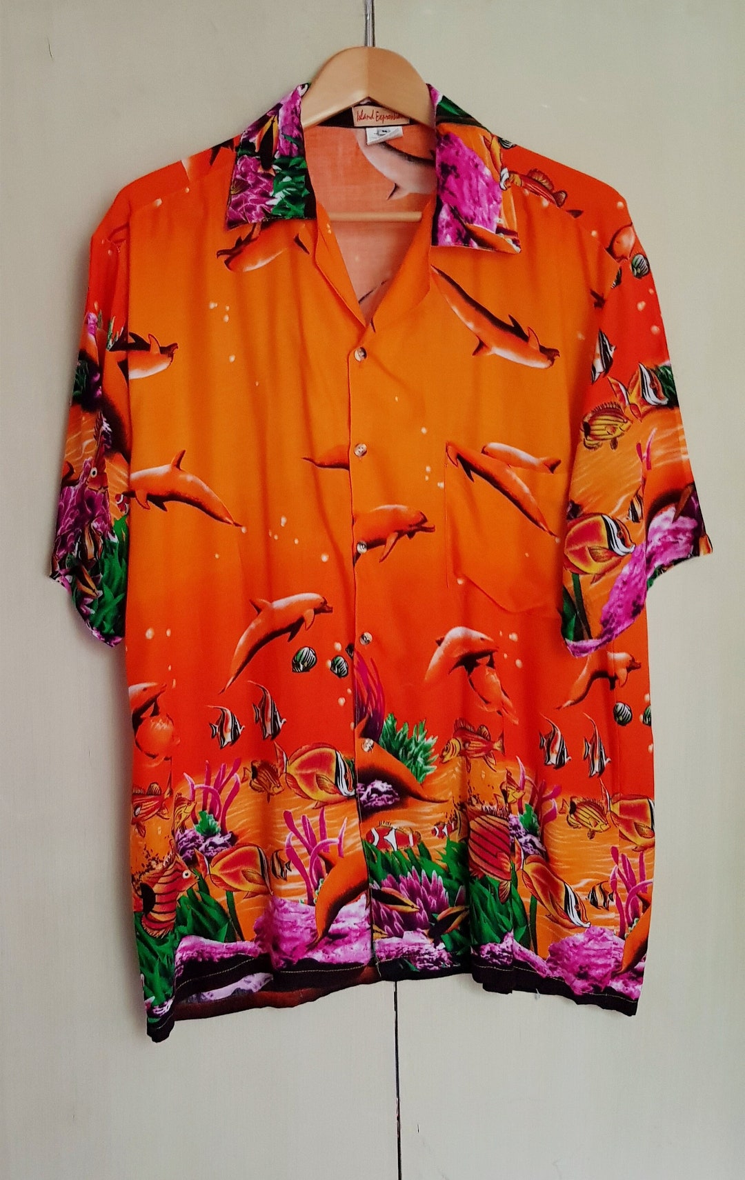 Vintage Men's Shirt Fantastic Vintage Orange Tropical Fish Pattern Men