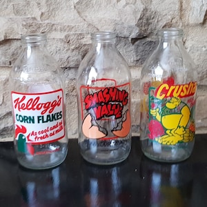 Vintage Kitchenalia: Groovy Vintage Set of 3 1970s/80s Advertising Milk Bottles