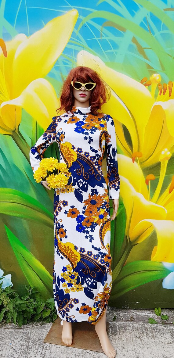blue and yellow floral maxi dress UK 8 (US 4) Groovy Vintage 1960s / 1970s White Navy Blue Brown & Yellow  Psychedelic Floral High Neck Maxi Dress
