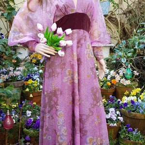 UK 8/10 US 4/6 Amazing Vintage 70's Quad Purple Iridescent Floral Organza and Velvet Maxi Dress with Balloon/Poet/Bishop Sleeves image 3