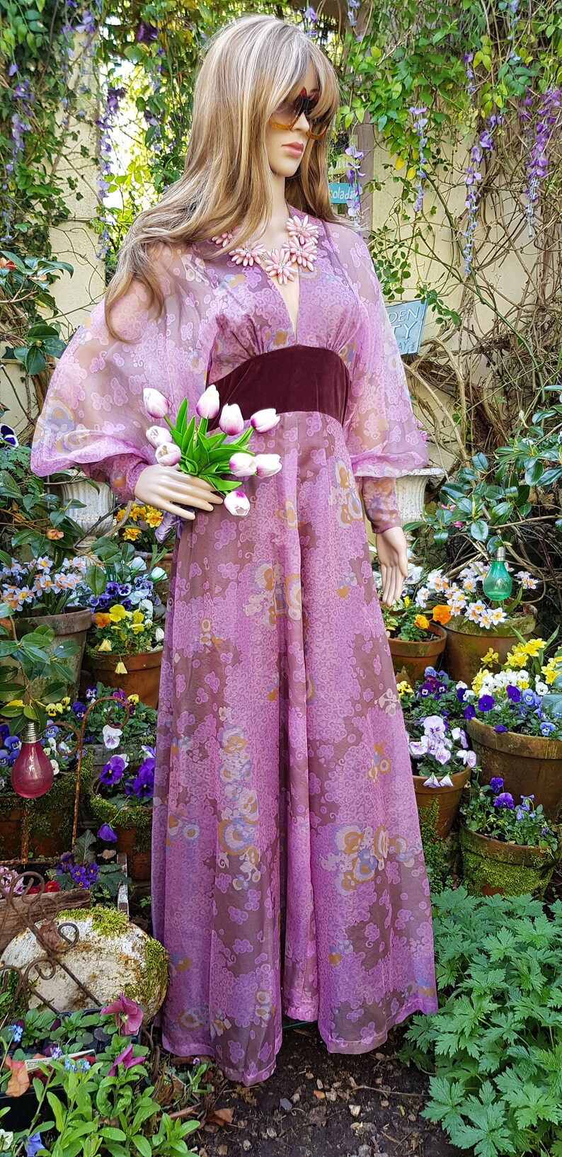 UK 8/10 US 4/6 Amazing Vintage 70's Quad Purple Iridescent Floral Organza and Velvet Maxi Dress with Balloon/Poet/Bishop Sleeves image 3