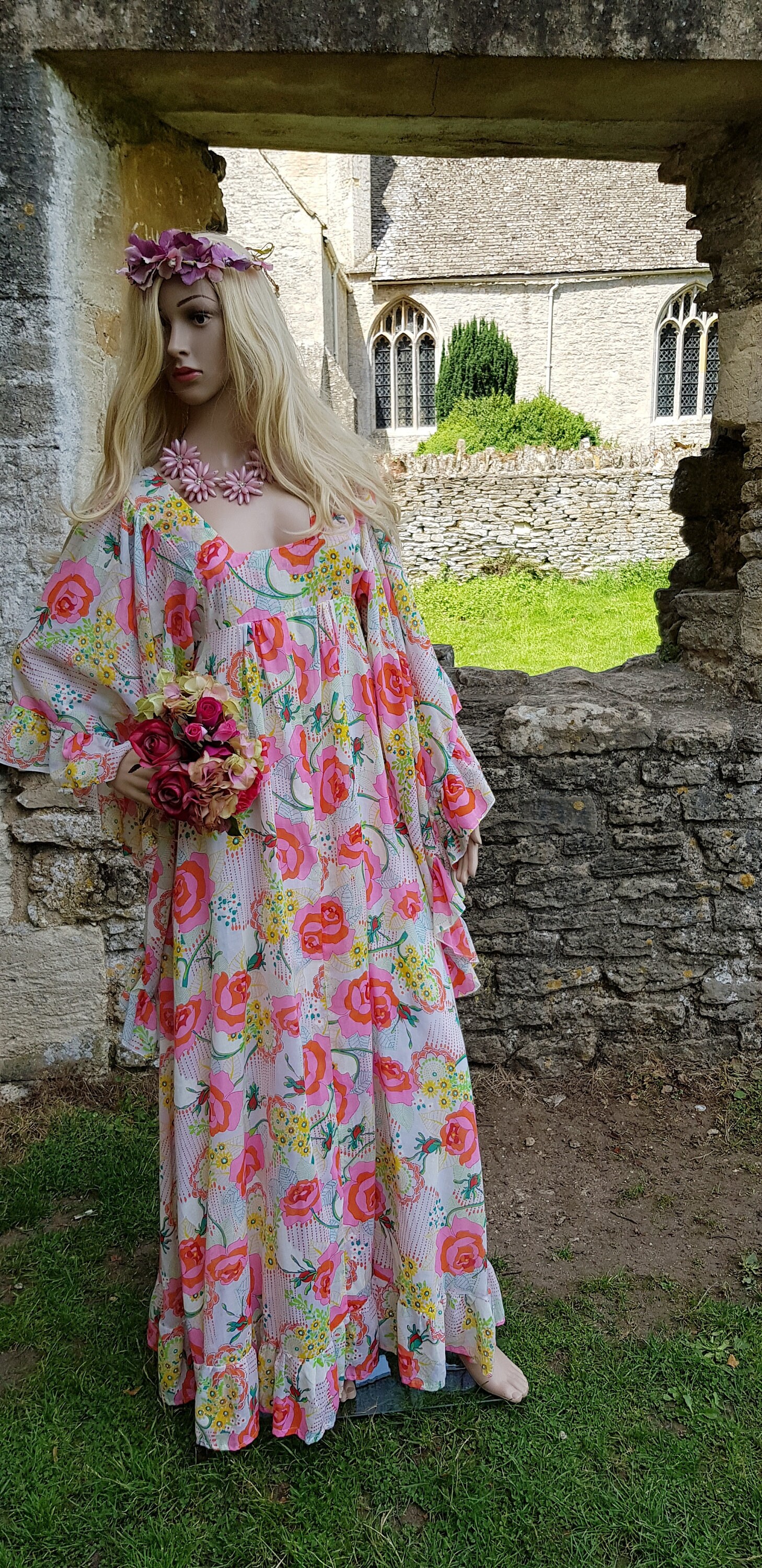 Image of Beautiful Vintage S Handmade Cream, Pink, Red, Yellow & Green Floral Maxi Dress With Huge Angel Sleeves Ruffles