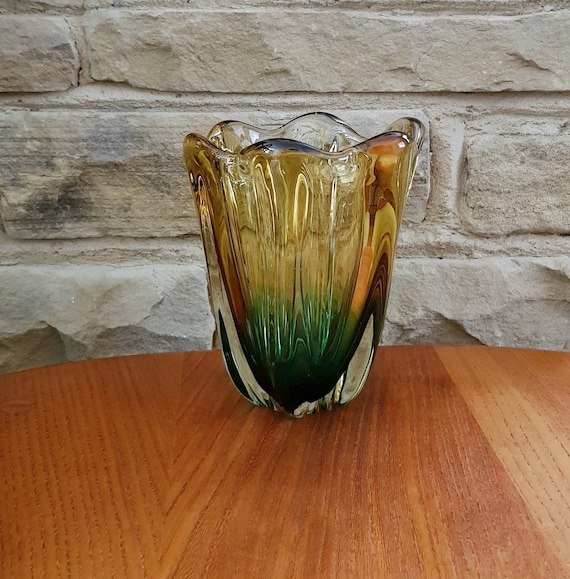 Vintage Vase: Cool Vintage 1950s / 1960s Green and Yellow Hand Blown Murano Sommerso Glass Vase